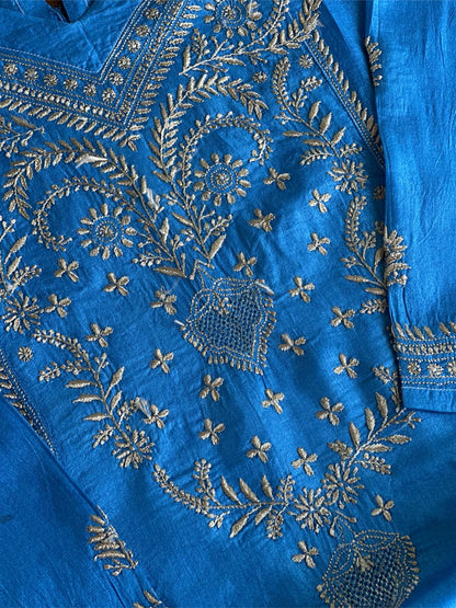 Azure Blue Shade Mulberry Silk Resham Chikankari Kurta