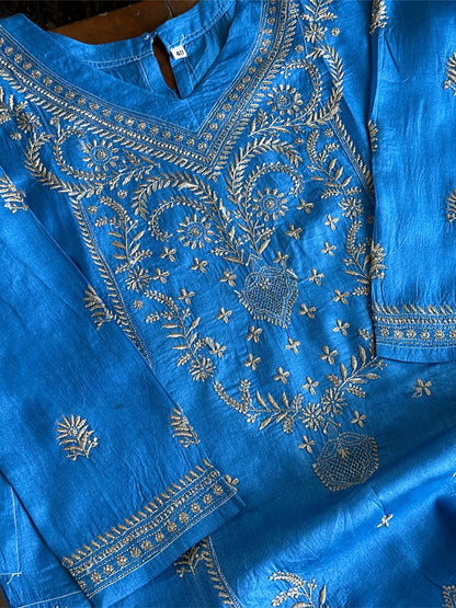 Azure Blue Shade Mulberry Silk Resham Chikankari Kurta