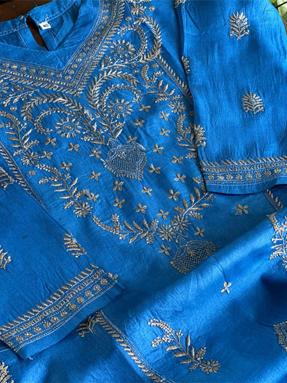 Azure Blue Shade Mulberry Silk Resham Chikankari Kurta