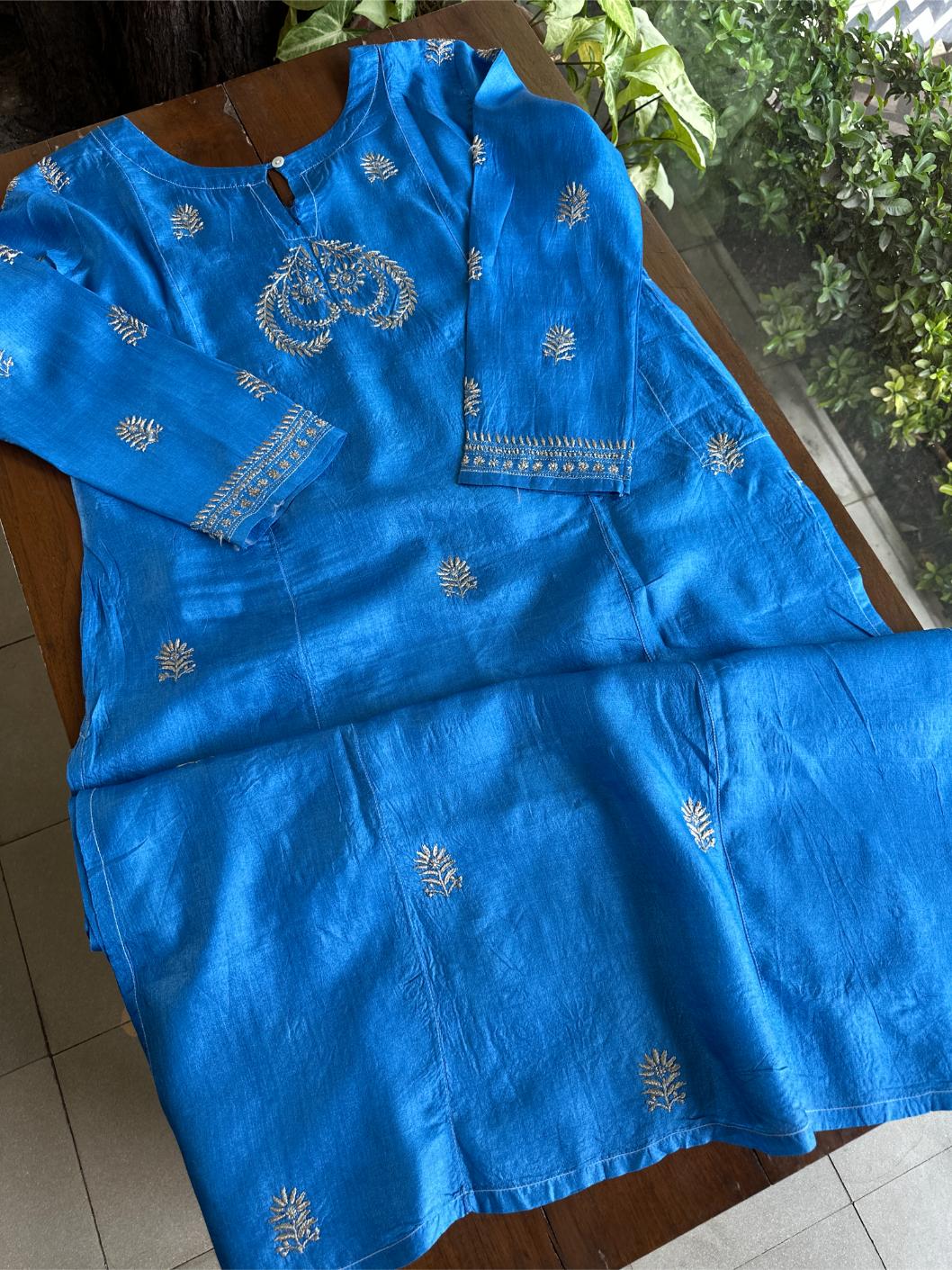 Azure Blue Shade Mulberry Silk Resham Chikankari Kurta