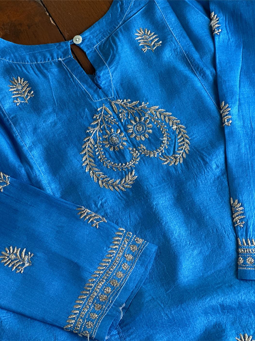 Azure Blue Shade Mulberry Silk Resham Chikankari Kurta