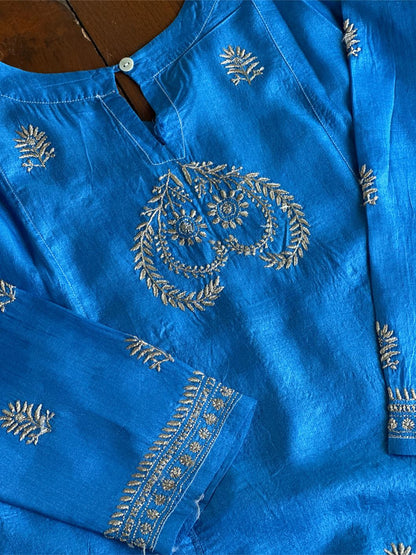 Azure Blue Shade Mulberry Silk Resham Chikankari Kurta