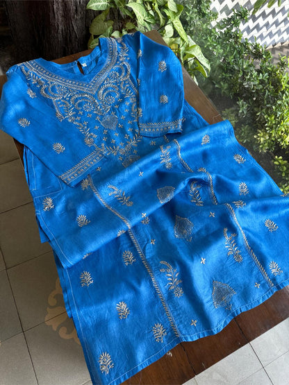 Azure Blue Shade Mulberry Silk Resham Chikankari Kurta