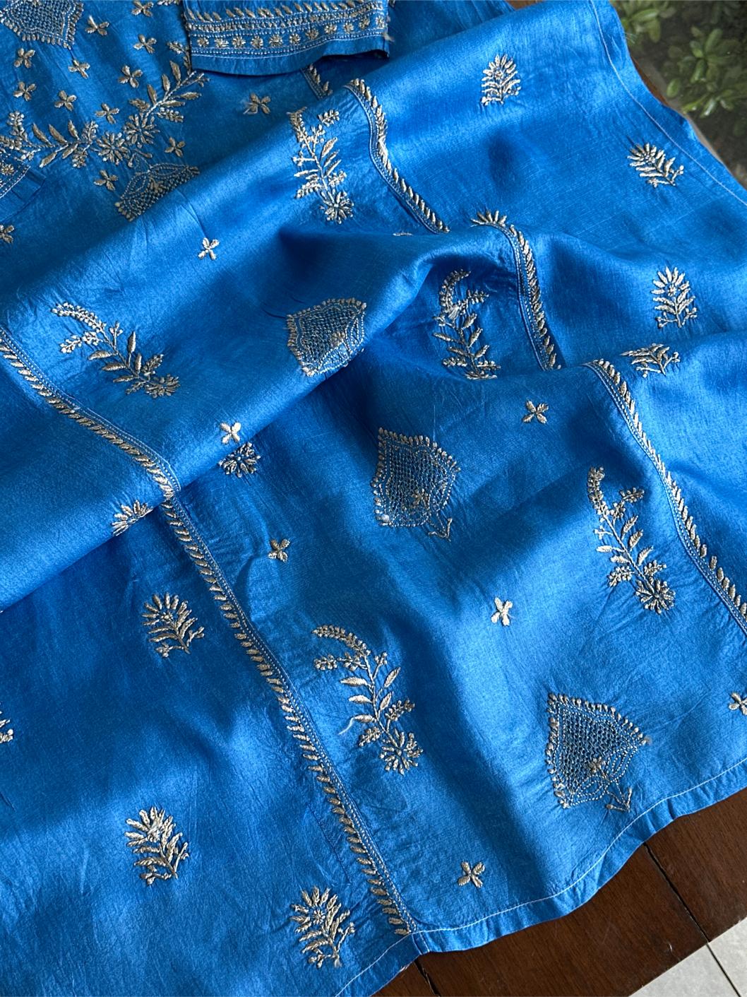 Azure Blue Shade Mulberry Silk Resham Chikankari Kurta