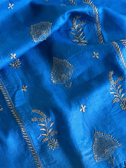 Azure Blue Shade Mulberry Silk Resham Chikankari Kurta