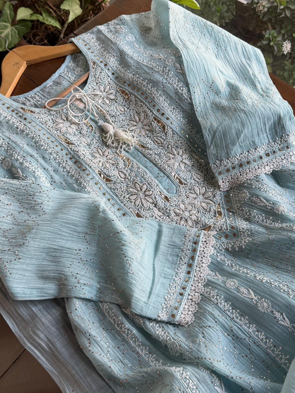 Baby Blue Mal Chanderi Mukaish Kamdani Chikankari Anarkali