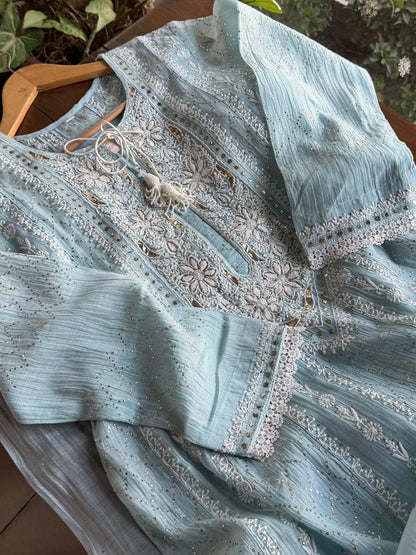 Baby Blue Mal Chanderi Mukaish Kamdani Chikankari Anarkali