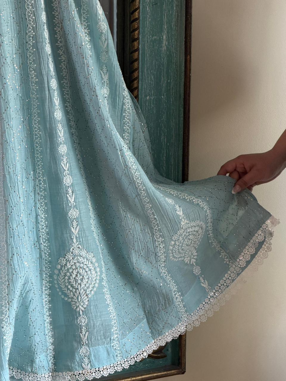 Baby Blue Mal Chanderi Mukaish Kamdani Chikankari Anarkali