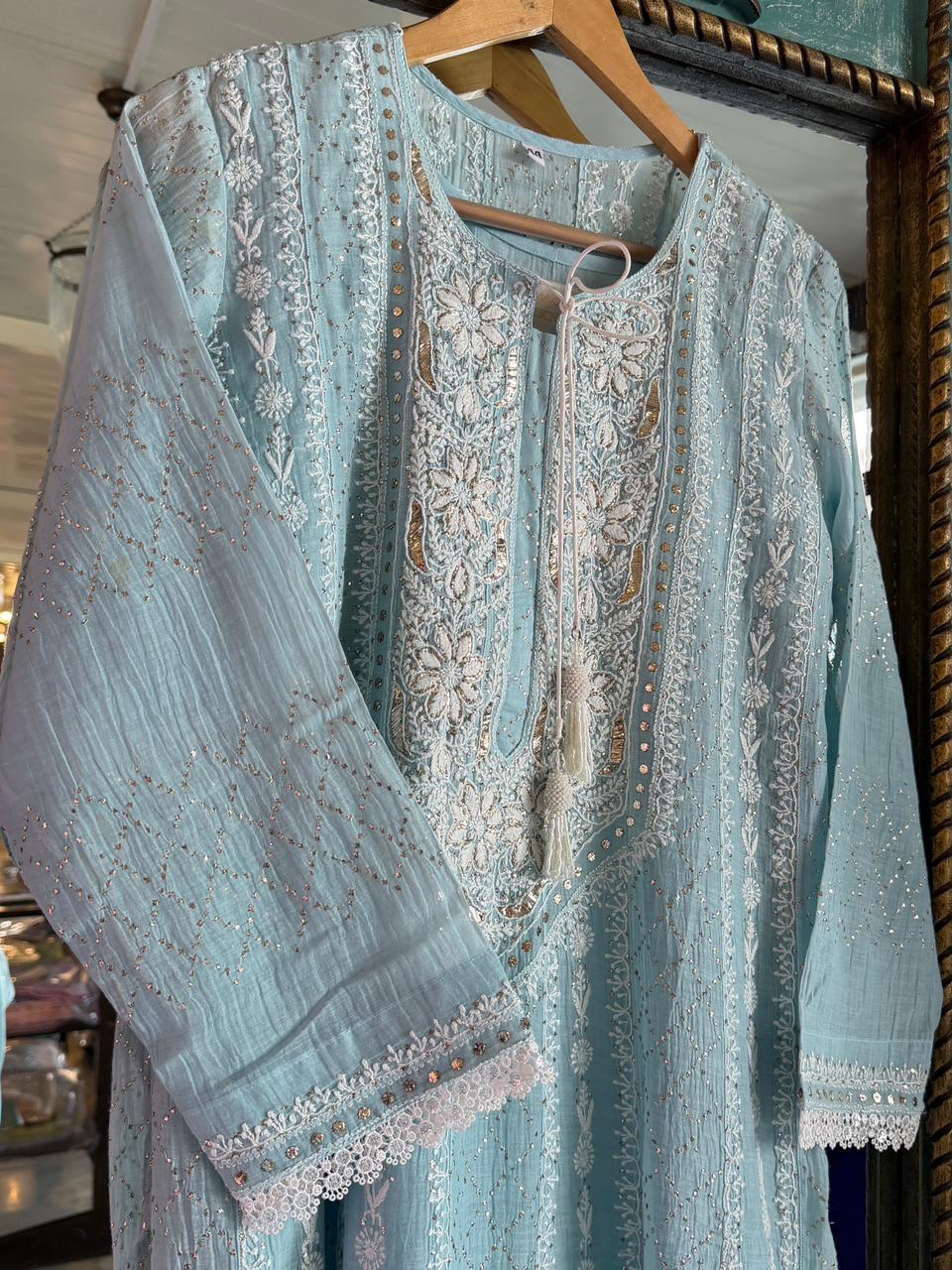 Baby Blue Mal Chanderi Mukaish Kamdani Chikankari Anarkali