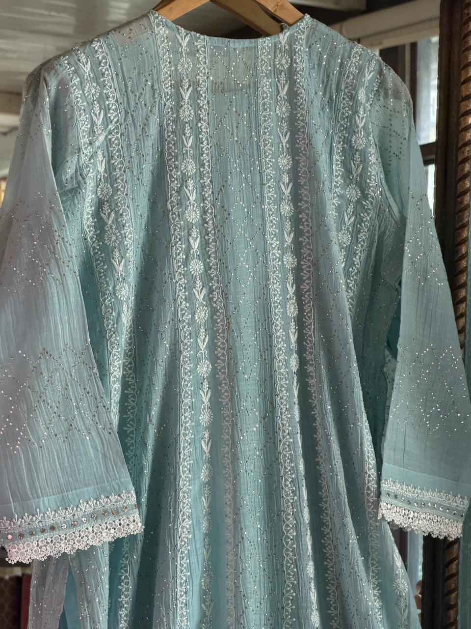 Baby Blue Mal Chanderi Mukaish Kamdani Chikankari Anarkali