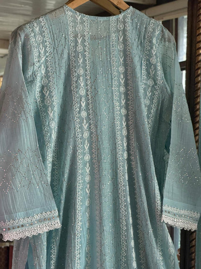 Baby Blue Mal Chanderi Mukaish Kamdani Chikankari Anarkali