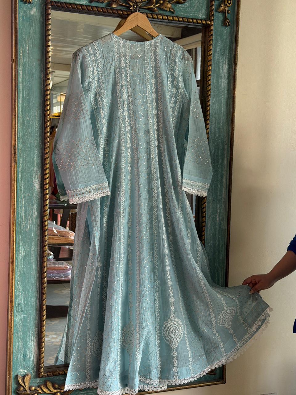 Baby Blue Mal Chanderi Mukaish Kamdani Chikankari Anarkali