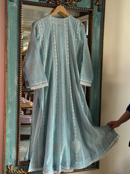 Baby Blue Mal Chanderi Mukaish Kamdani Chikankari Anarkali