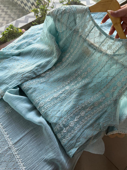 Baby Blue Mal Chanderi Mukaish Kamdani Chikankari Anarkali