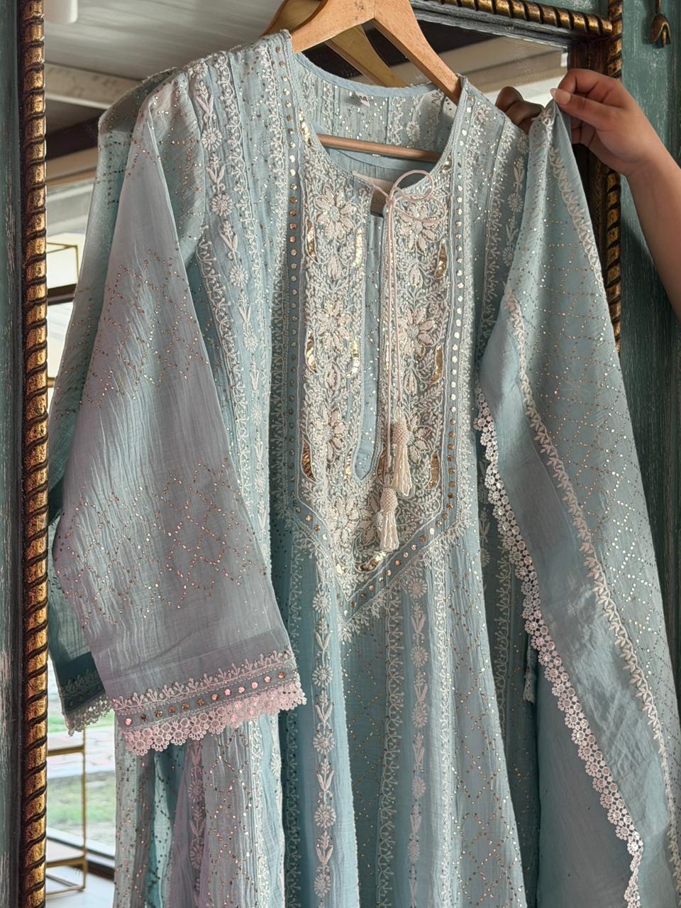 Baby Blue Mal Chanderi Mukaish Kamdani Chikankari Anarkali