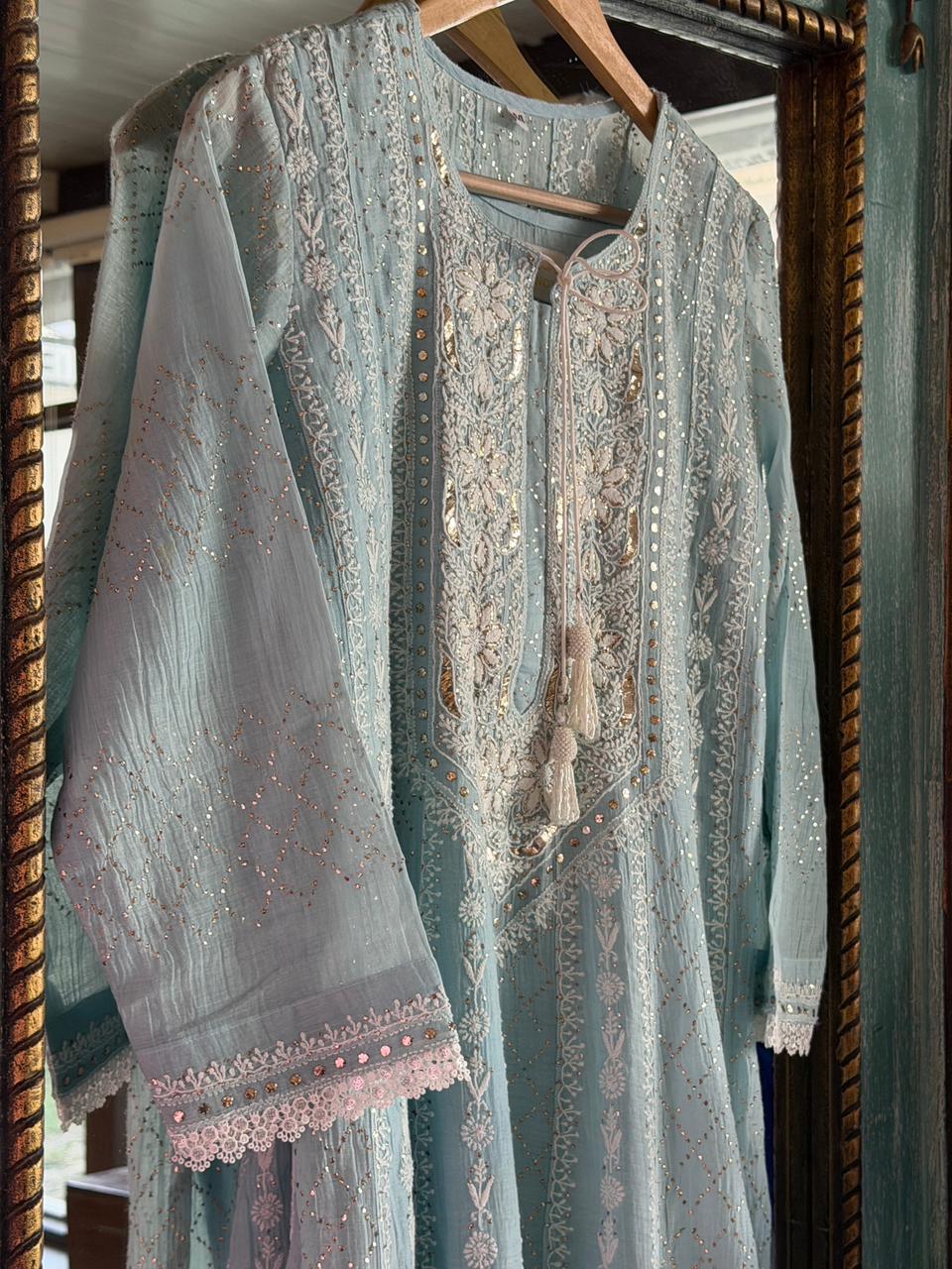 Baby Blue Mal Chanderi Mukaish Kamdani Chikankari Anarkali
