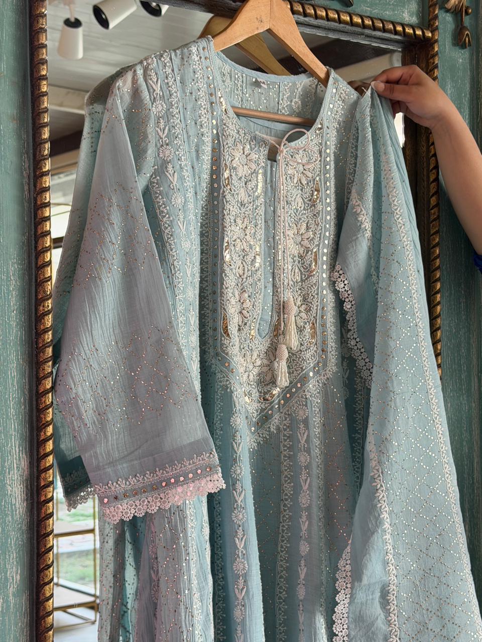 Baby Blue Mal Chanderi Mukaish Kamdani Chikankari Anarkali