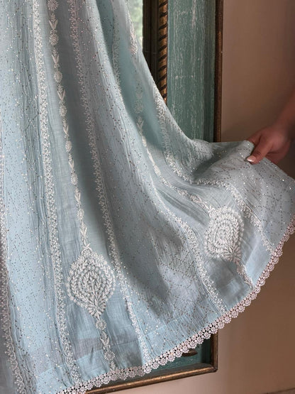 Baby Blue Mal Chanderi Mukaish Kamdani Chikankari Anarkali