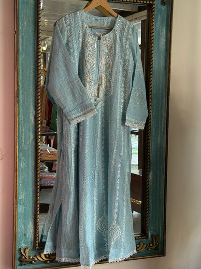 Baby Blue Mal Chanderi Mukaish Kamdani Chikankari Anarkali