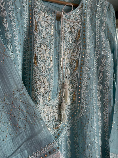 Baby Blue Mal Chanderi Mukaish Kamdani Chikankari Anarkali