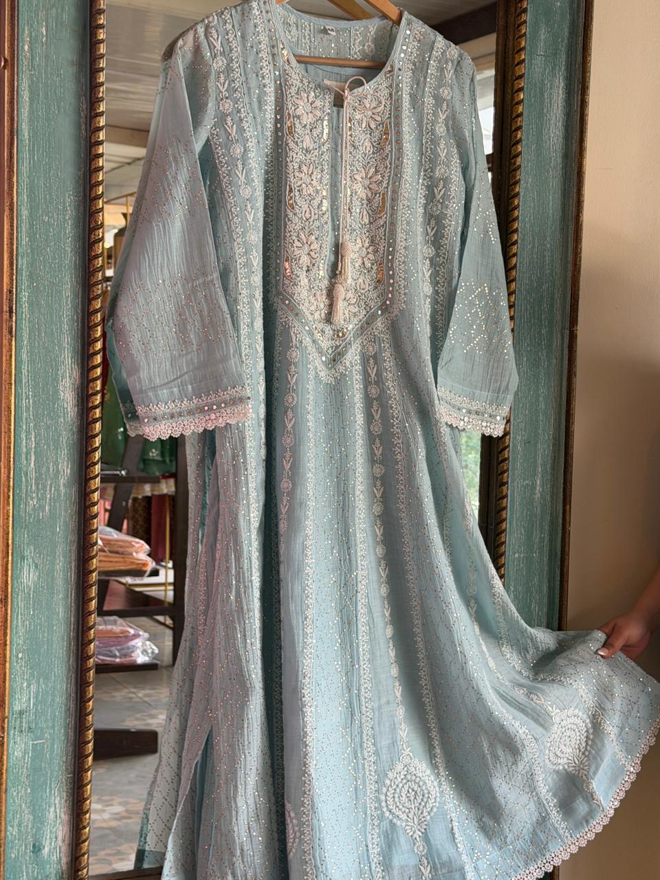 Baby Blue Mal Chanderi Mukaish Kamdani Chikankari Anarkali