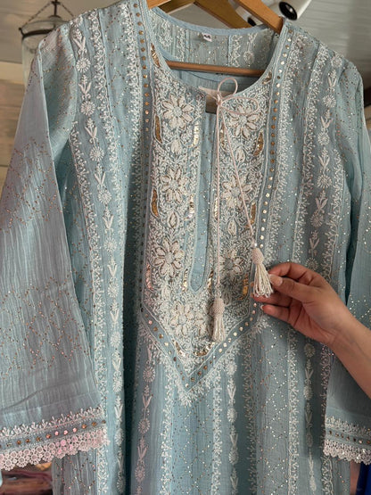 Baby Blue Mal Chanderi Mukaish Kamdani Chikankari Anarkali