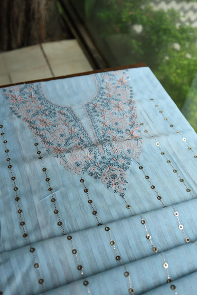 Baby Blue Shade Shade Mal Cotton Fine Chikankari Unstitched Fabric