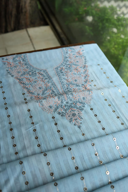 Baby Blue Shade Shade Mal Cotton Fine Chikankari Unstitched Fabric