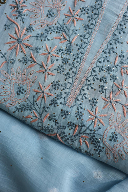 Baby Blue Shade Shade Mal Cotton Fine Chikankari Unstitched Fabric