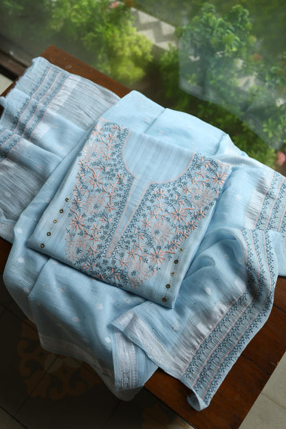 Baby Blue Shade Shade Mal Cotton Fine Chikankari Unstitched Fabric