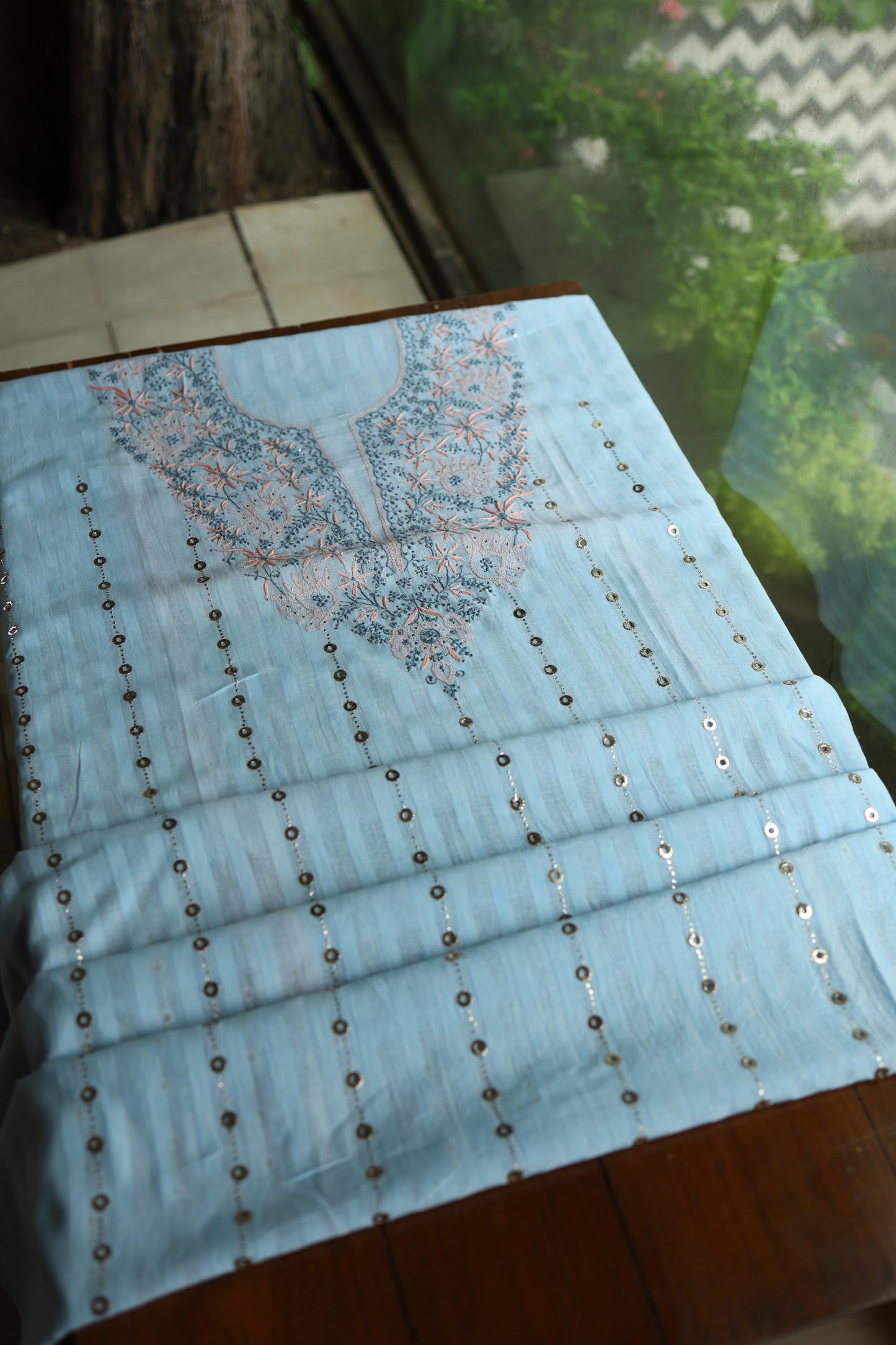 Baby Blue Shade Shade Mal Cotton Fine Chikankari Unstitched Fabric