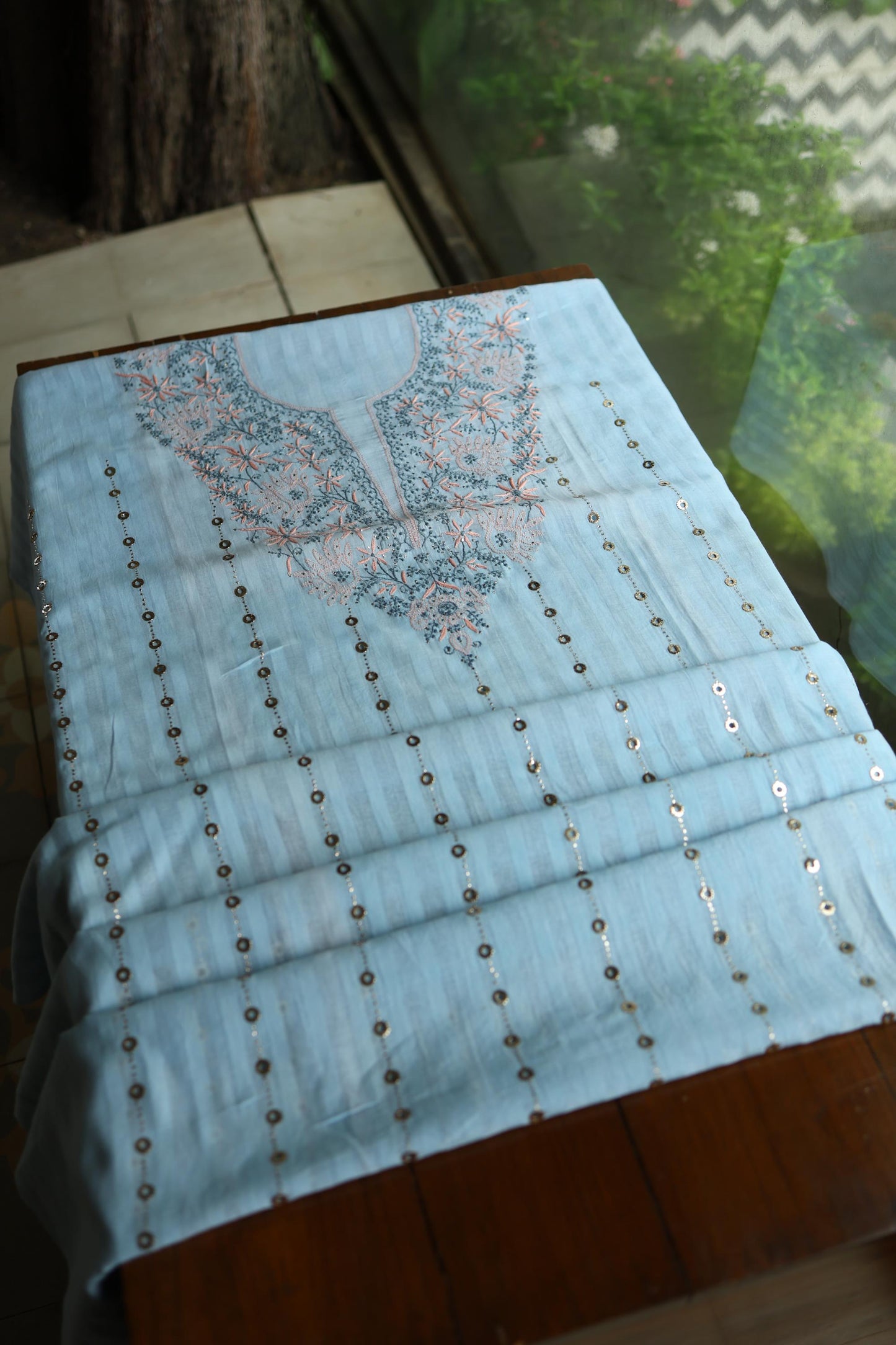 Baby Blue Shade Shade Mal Cotton Fine Chikankari Unstitched Fabric