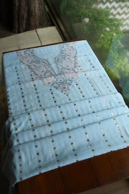 Baby Blue Shade Shade Mal Cotton Fine Chikankari Unstitched Fabric