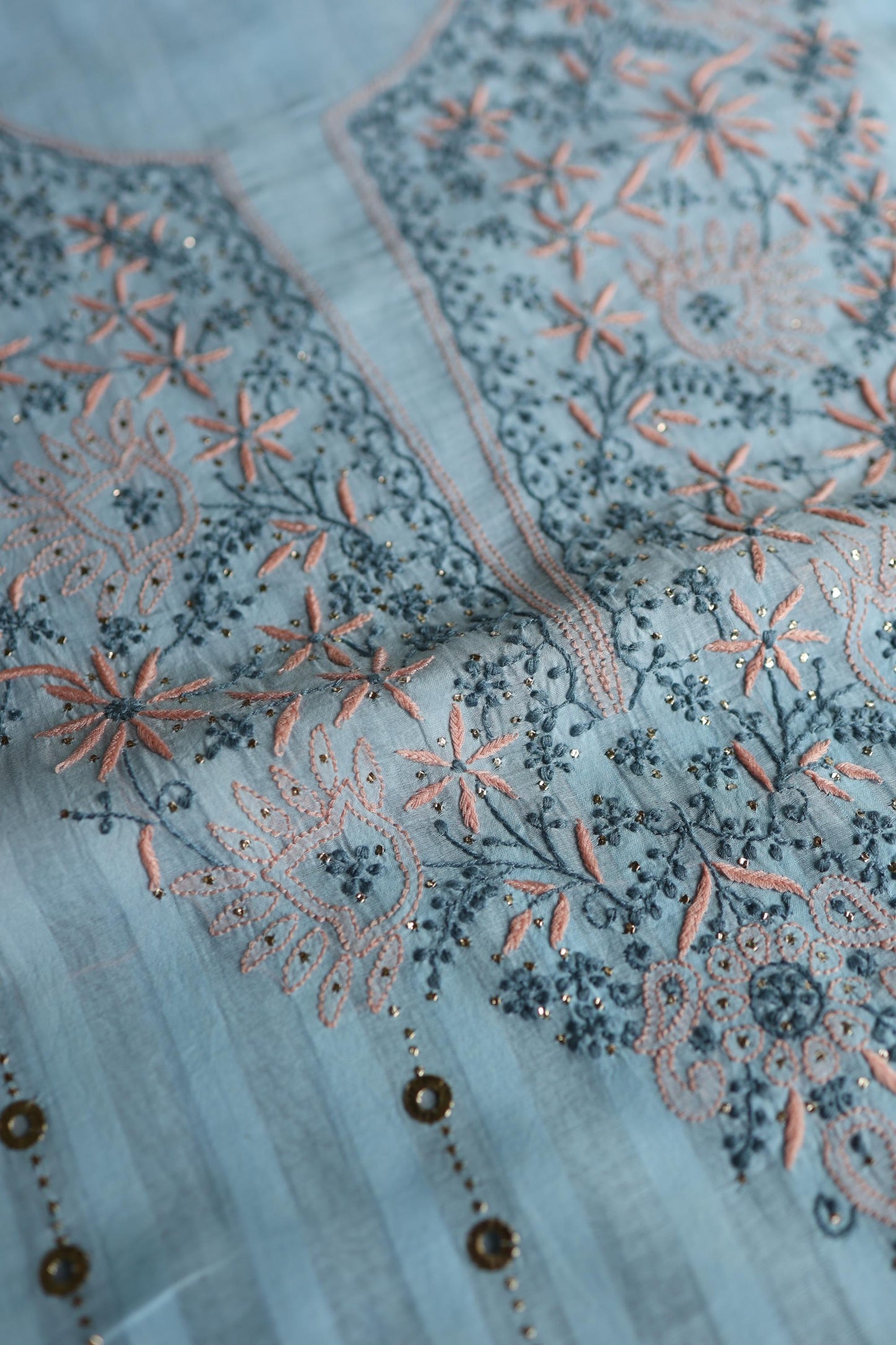 Baby Blue Shade Shade Mal Cotton Fine Chikankari Unstitched Fabric
