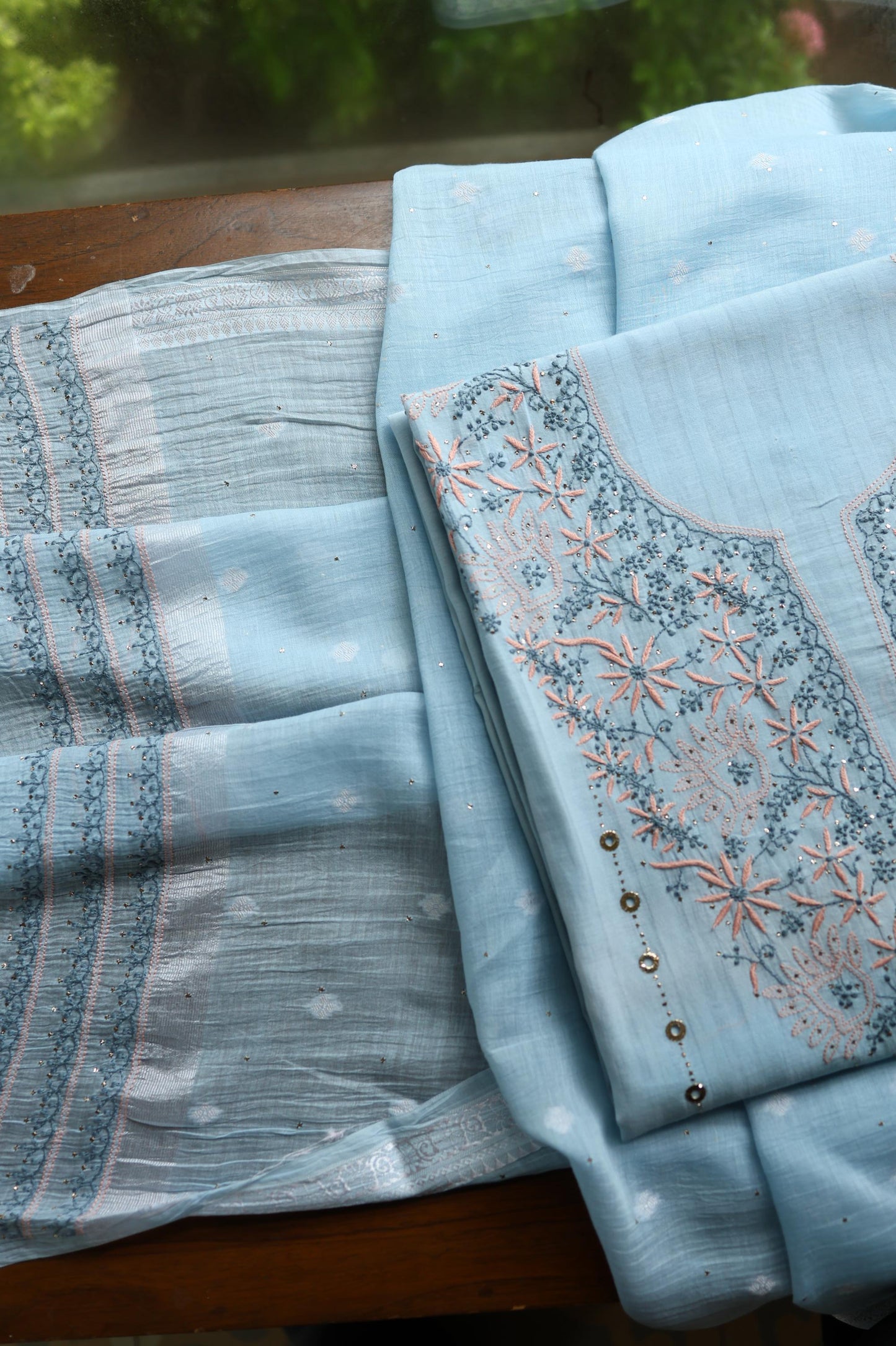 Baby Blue Shade Shade Mal Cotton Fine Chikankari Unstitched Fabric