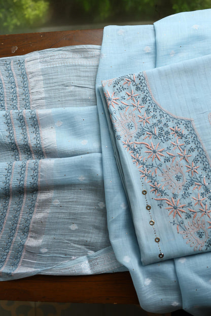 Baby Blue Shade Shade Mal Cotton Fine Chikankari Unstitched Fabric