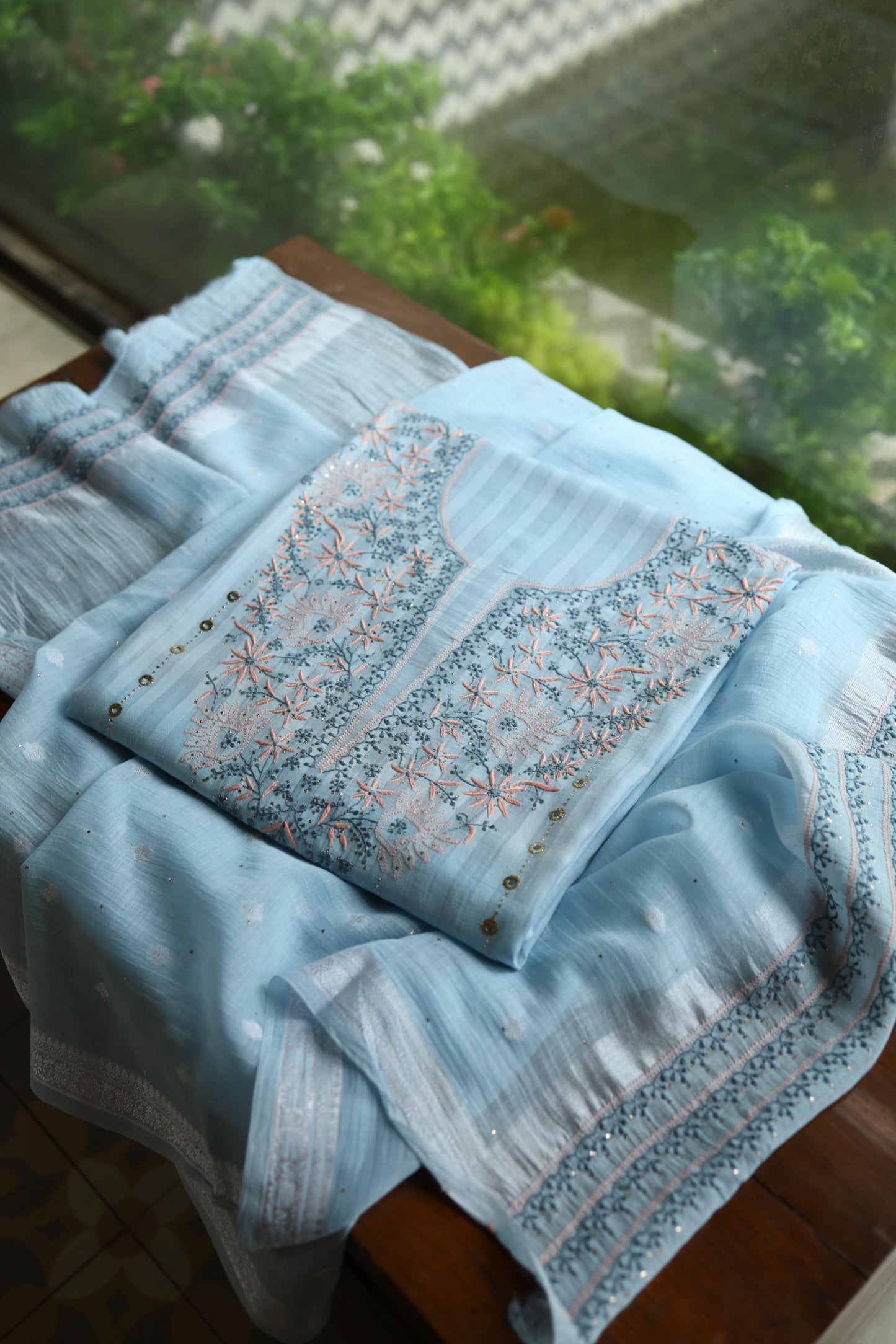Baby Blue Shade Shade Mal Cotton Fine Chikankari Unstitched Fabric