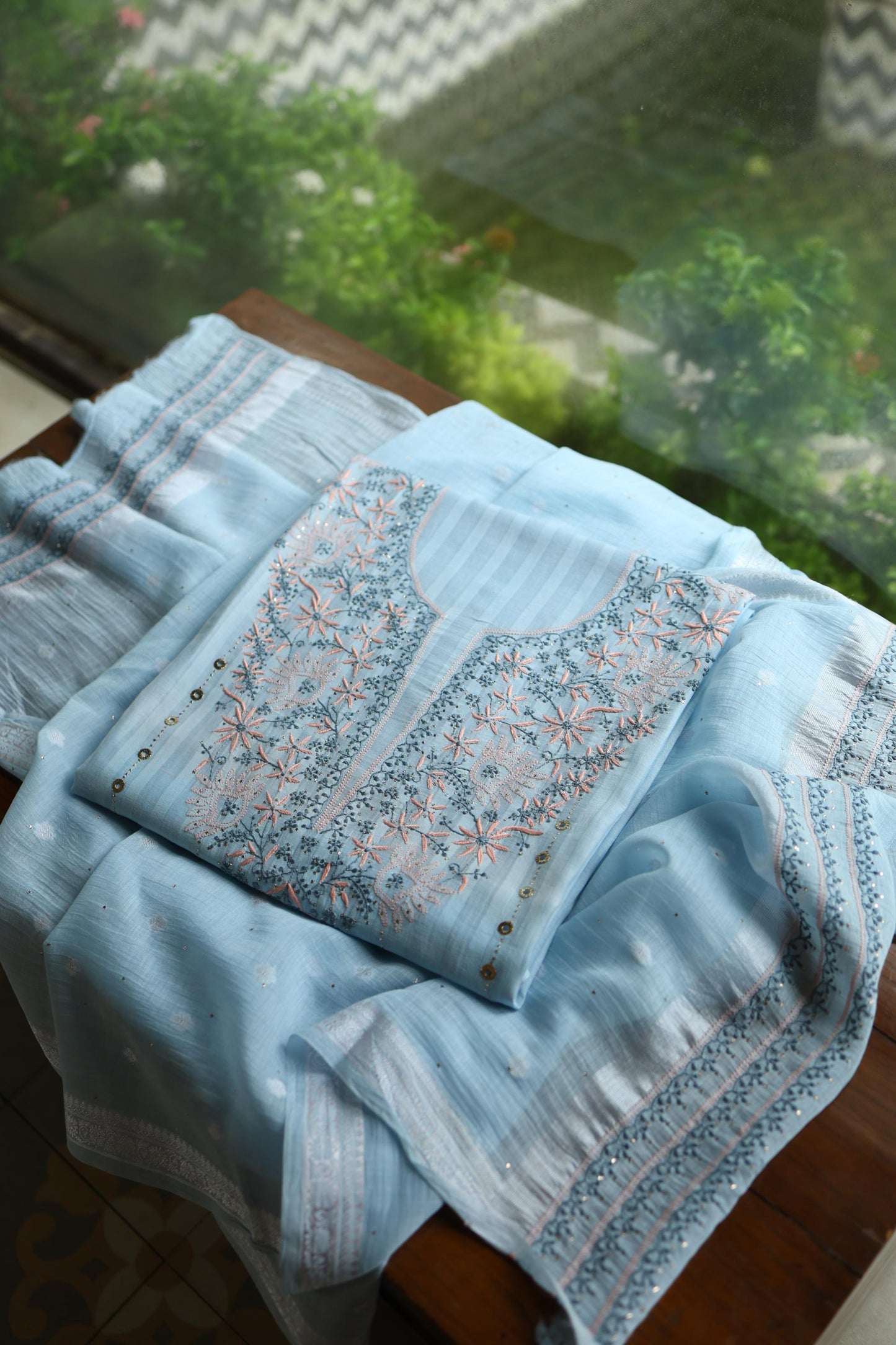 Baby Blue Shade Shade Mal Cotton Fine Chikankari Unstitched Fabric