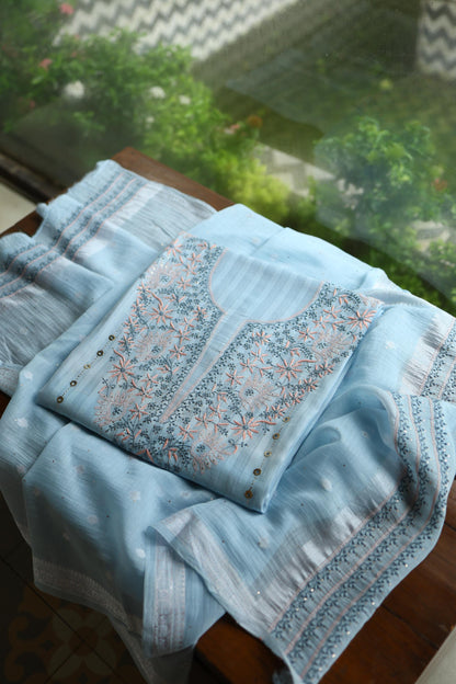 Baby Blue Shade Shade Mal Cotton Fine Chikankari Unstitched Fabric