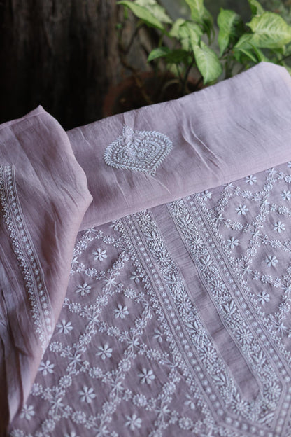 Baby Pink All Over Chikankari Malmal Unstitched Men's Kurtas Fabric