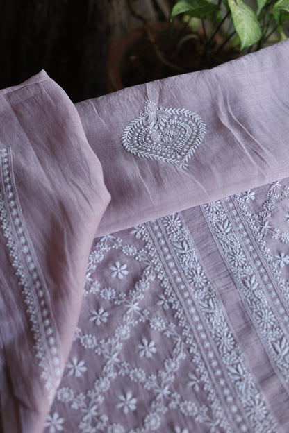 Baby Pink All Over Chikankari Malmal Unstitched Men's Kurtas Fabric