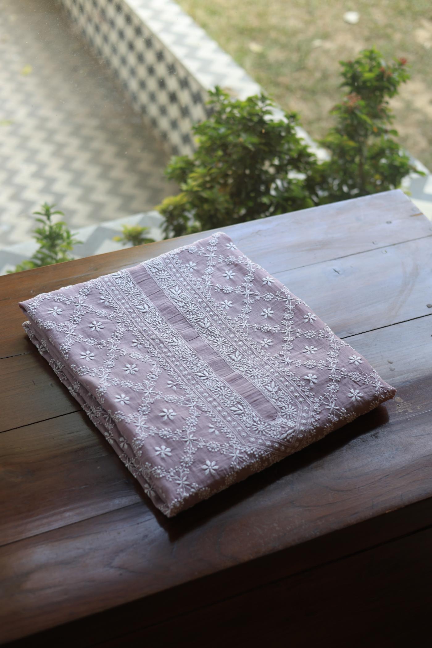 Baby Pink All Over Chikankari Malmal Unstitched Men's Kurtas Fabric