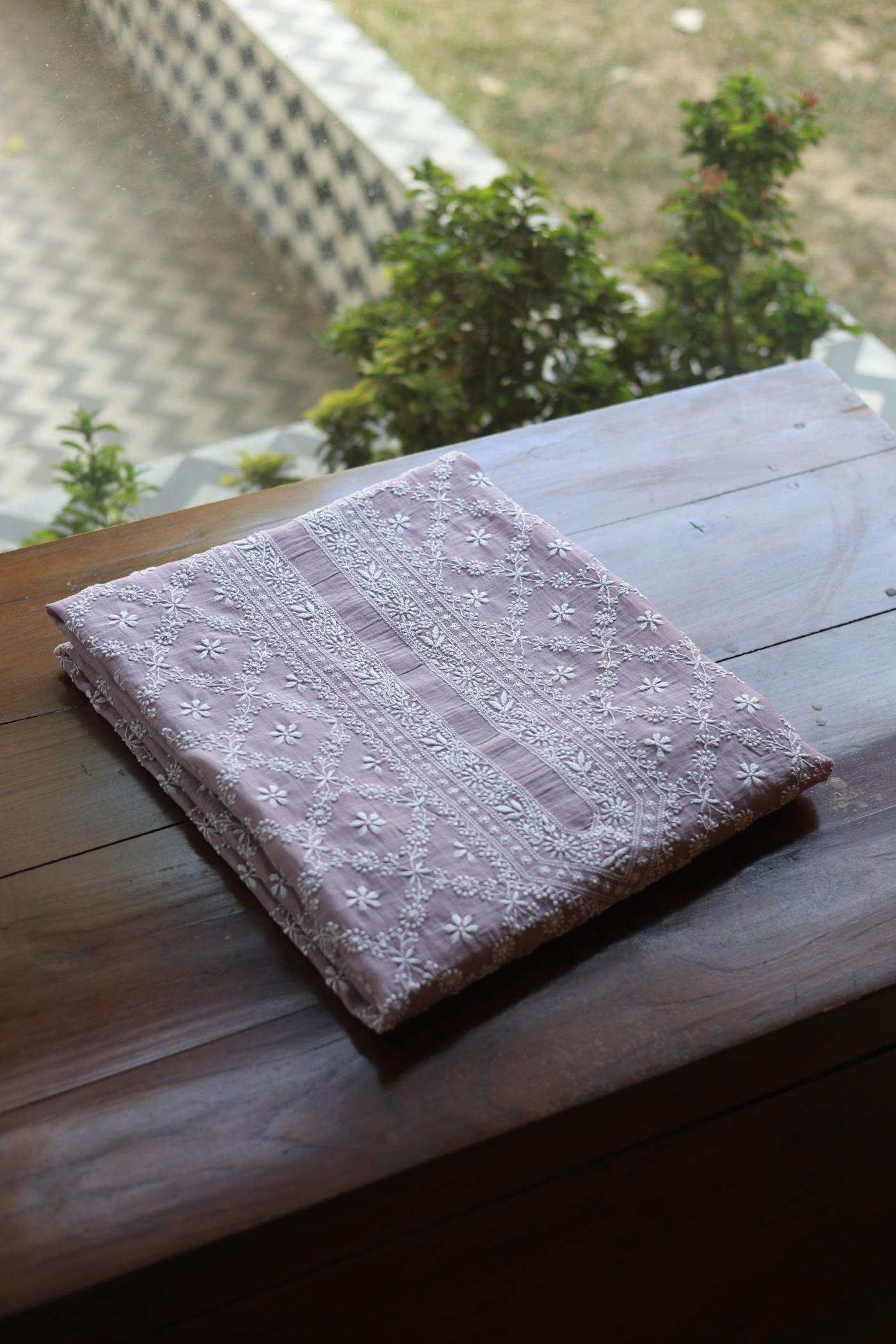 Baby Pink All Over Chikankari Malmal Unstitched Men's Kurtas Fabric