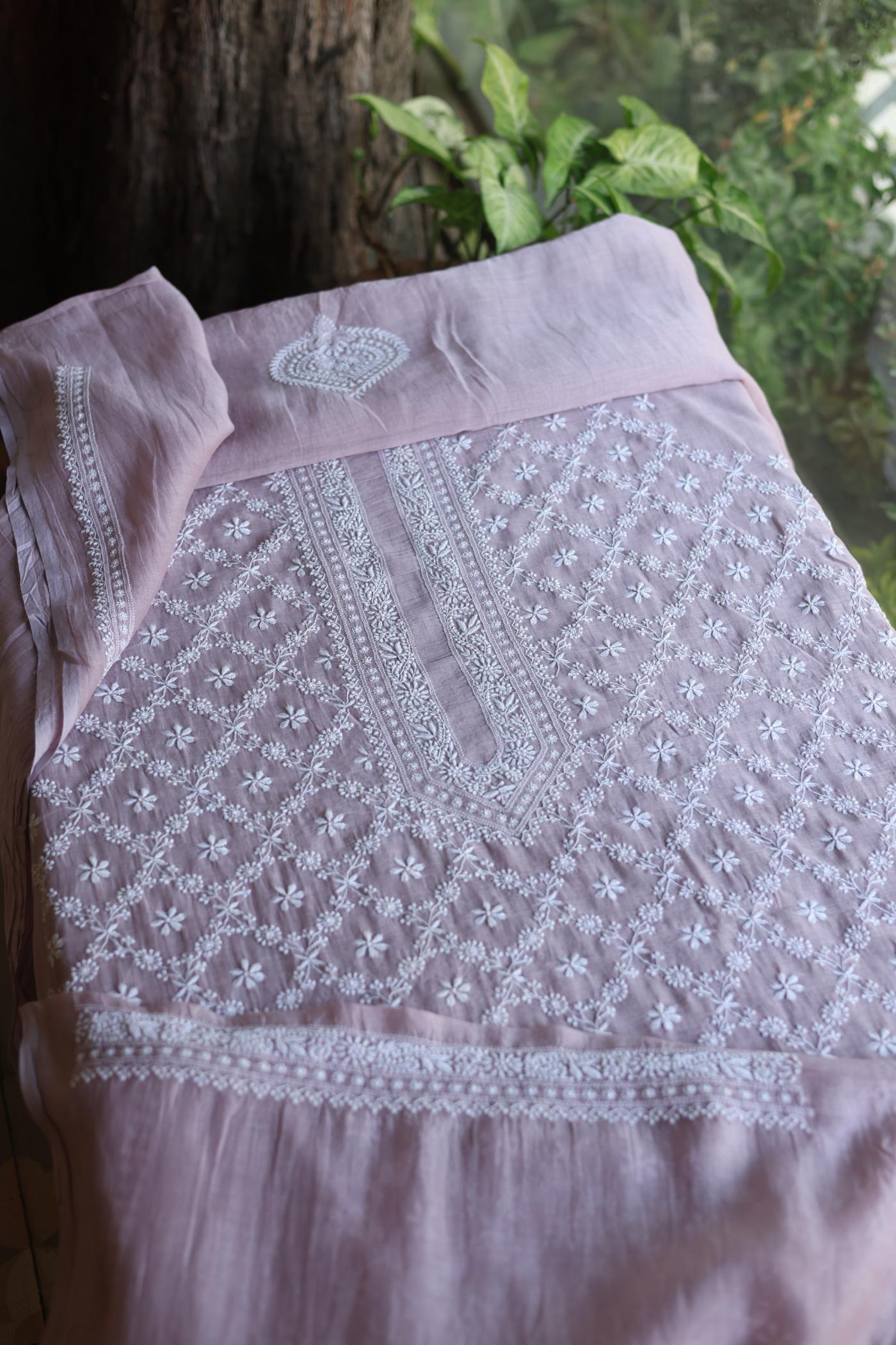 Baby Pink All Over Chikankari Malmal Unstitched Men's Kurtas Fabric