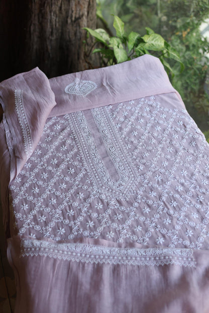 Baby Pink All Over Chikankari Malmal Unstitched Men's Kurtas Fabric