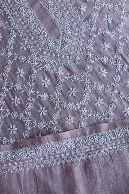 Baby Pink All Over Chikankari Malmal Unstitched Men's Kurtas Fabric