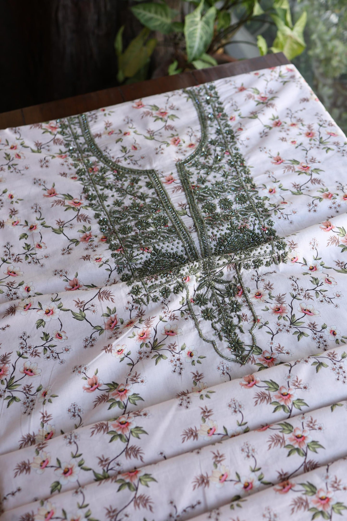 Baby Pink Floral Cotton Kurta Fabric with Chikankari & Sequin Work