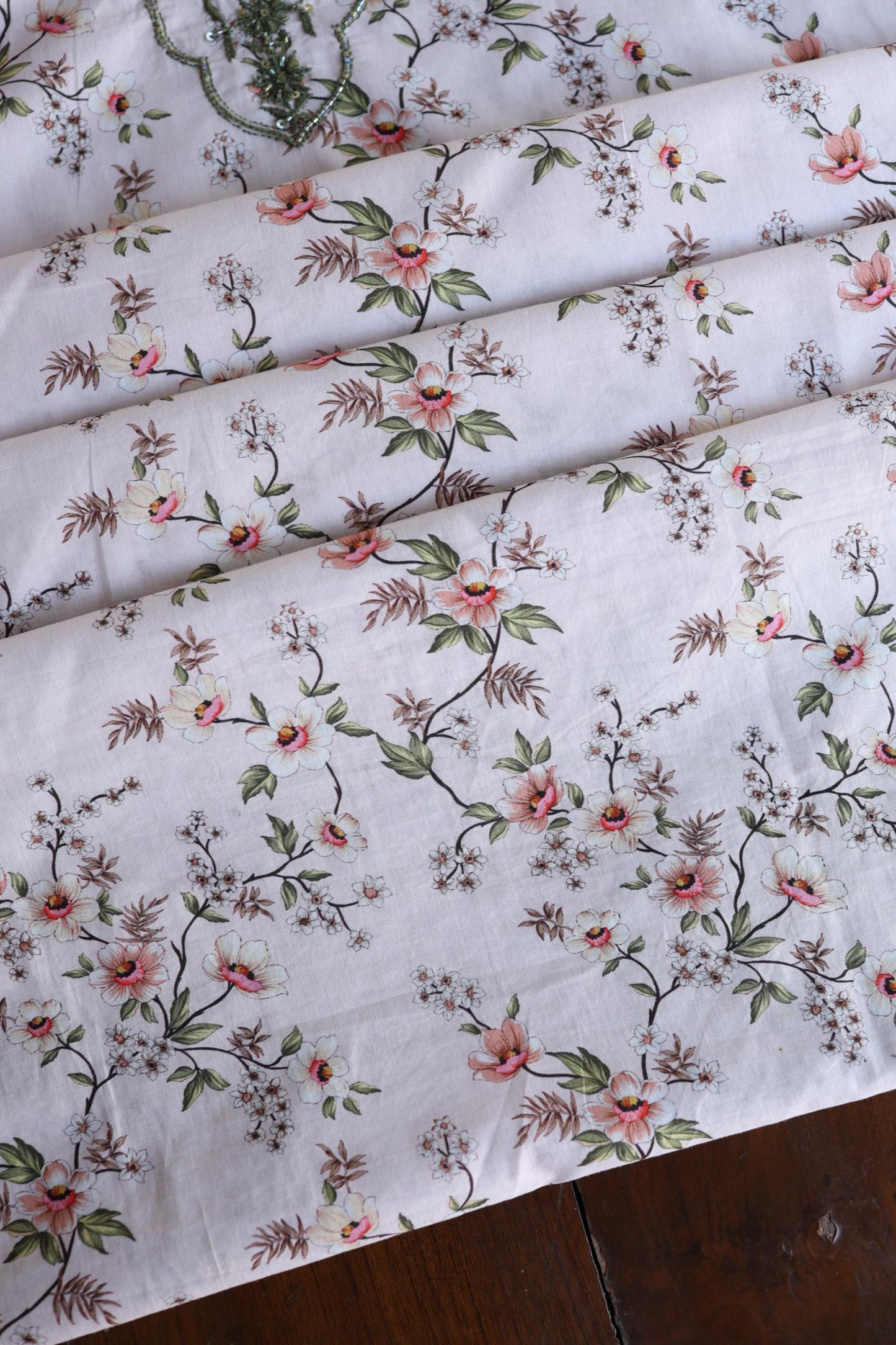 Baby Pink Floral Cotton Kurta Fabric with Chikankari & Sequin Work