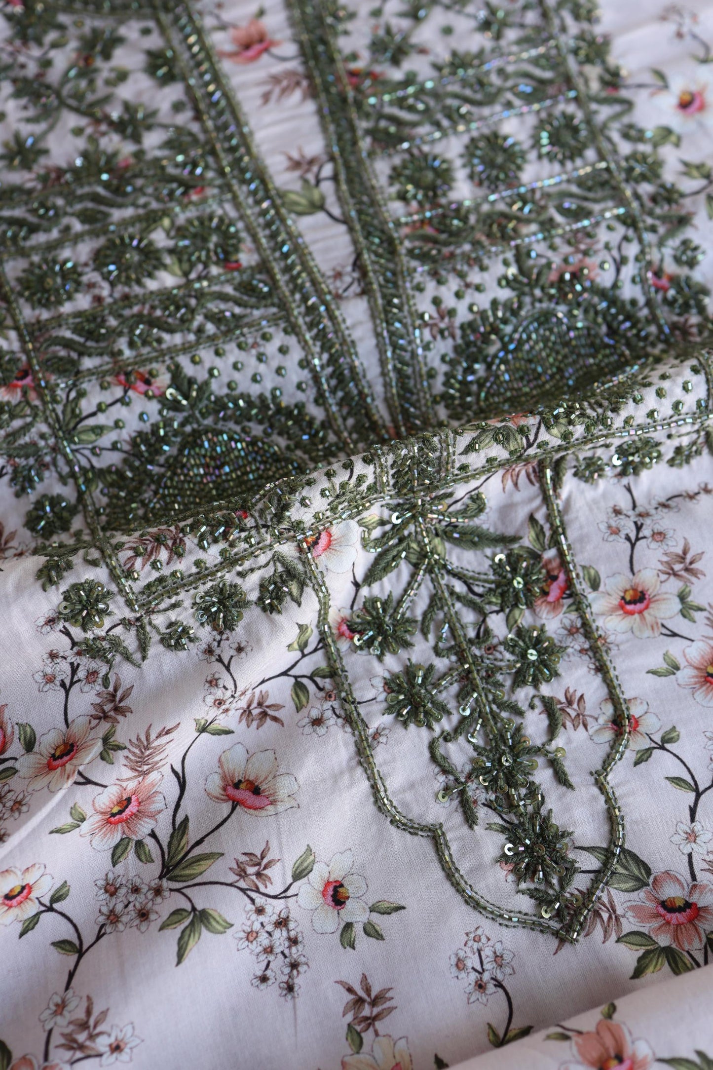 Baby Pink Floral Cotton Kurta Fabric with Chikankari & Sequin Work