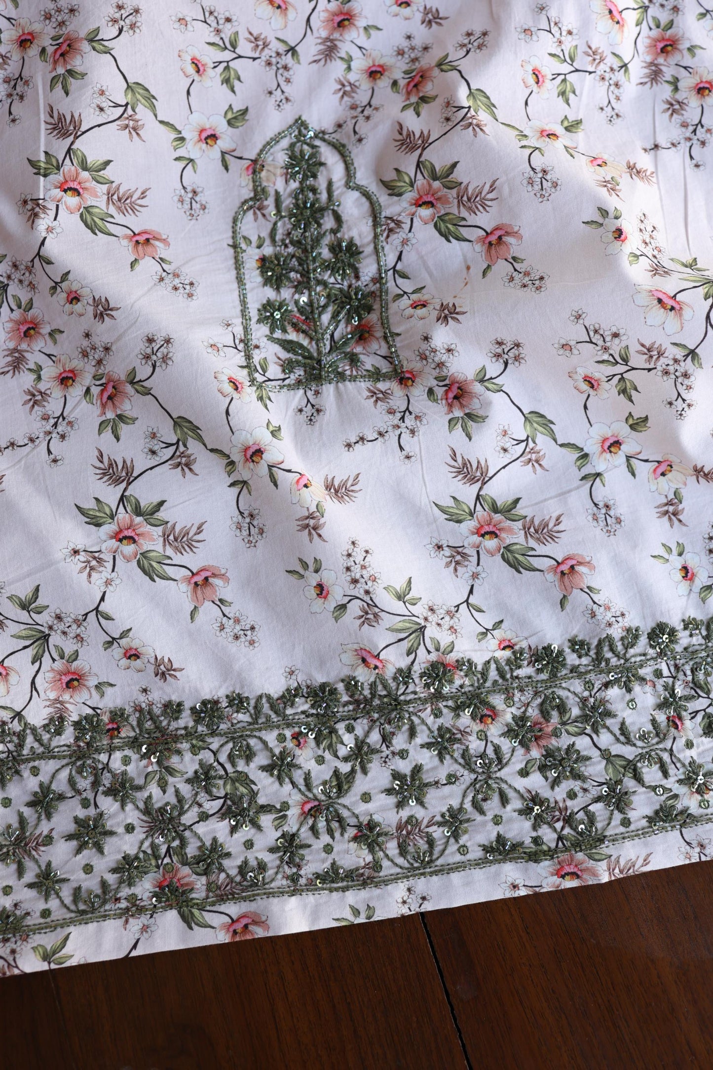 Baby Pink Floral Cotton Kurta Fabric with Chikankari & Sequin Work